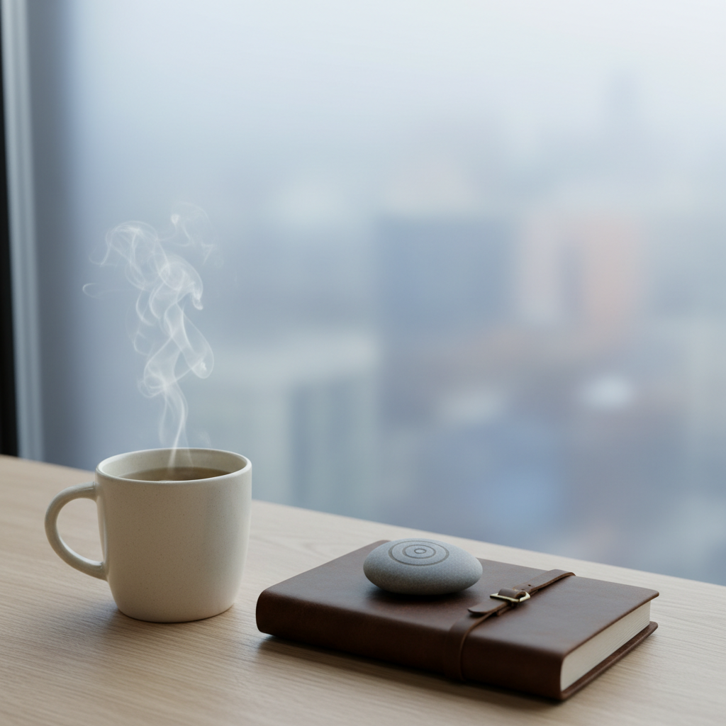 A simple ceramic mug of herbal tea, pale steam curling gently upward, sits on the corner of a light oak table beside a closed leather-bound notebook secured with a thin strap. A smooth river stone engraved only with a subtle spiral pattern rests on the notebook, symbolizing growth and cycles. Behind them, a large, frosted glass window blurs an urban skyline into soft shapes, suggesting life’s busyness kept at a respectful distance. Cool morning light filters through, diffused and even, creating soft reflections on the mug’s glazed surface. Shot in photographic realism from a slightly elevated angle with a minimalist composition, the image feels quietly contemplative and emotionally grounded, echoing the tone of a reflective psychological essay.
