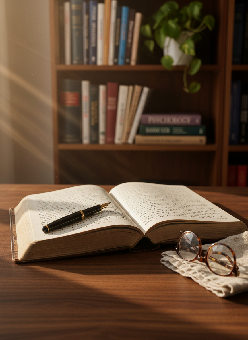 A well-worn hardcover journal lies open on a walnut desk, its creamy pages filled with neat, anonymous handwriting that trails off mid-sentence, alongside a fine black fountain pen with a gleaming nib. A pair of tortoiseshell reading glasses rests nearby atop a softly folded linen napkin. In the background, slightly out of focus, a tidy bookshelf holds psychology texts and classic literature, with a small, leafy plant adding a touch of life. Late afternoon light pours through an unseen window, casting warm, angled rays and gentle shadows across the scene. Photographic realism, eye-level composition, shallow depth of field, and a calm, sophisticated atmosphere evoke introspection and thoughtful reflection on life’s complexities.